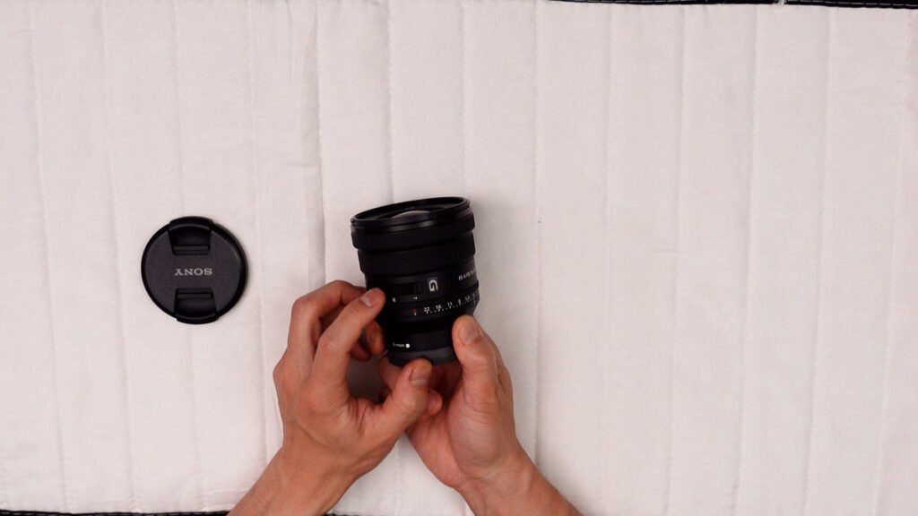 Sony FE PZ 16-35mm F4 G lens rear view E-mount bayonet with gold electrical contacts visible