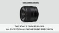 An image of the Sony E 11mm f1.8 lens with a gray background