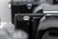 A black and white photo of a Sony camera.