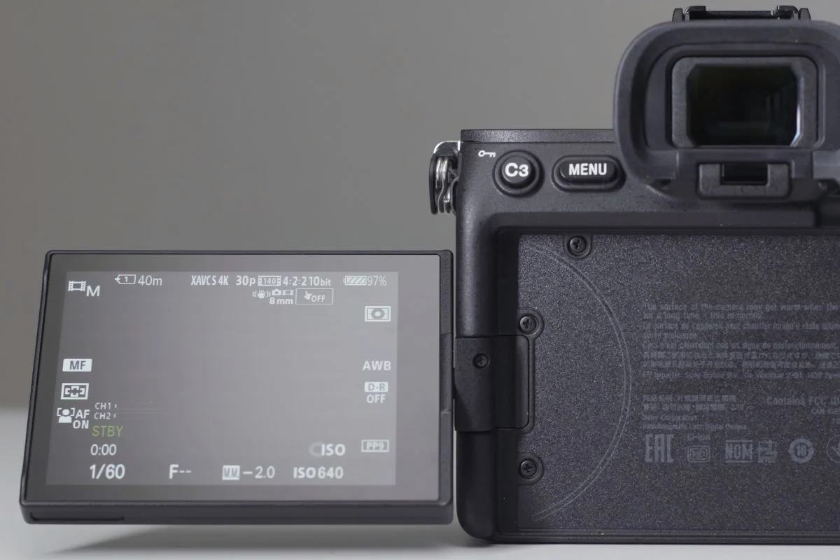 A camera with a flipped screen shows details.