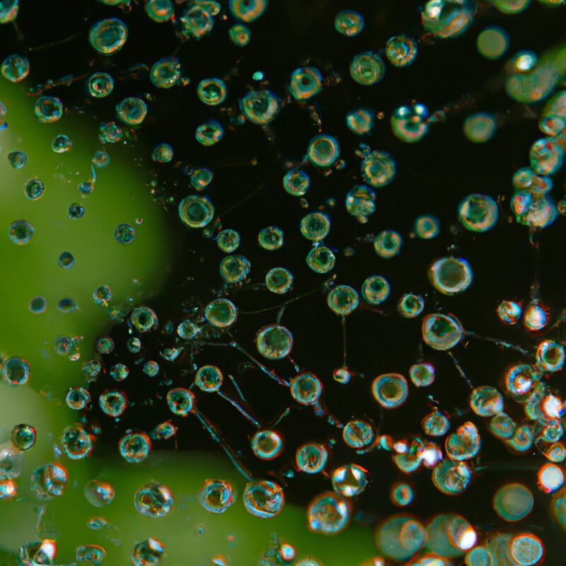 A close-up image of a camera lens focusing on a dew-covered spider web, with distinct water droplets sharply contrasted against a softly blurred green background