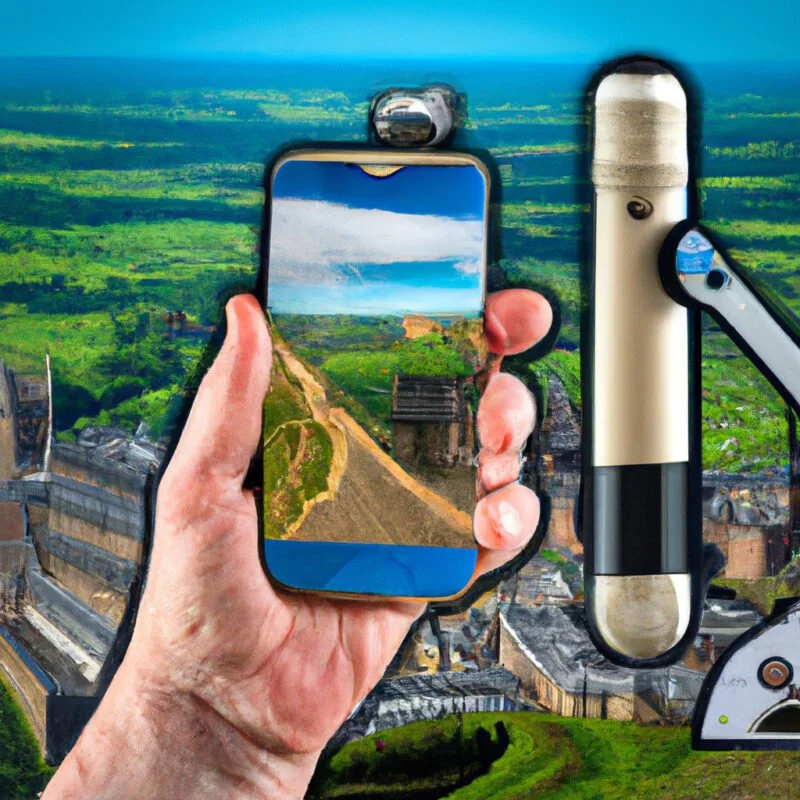A digital image of a photographer's hand holding a smartphone displaying a detailed satellite map, with scenic markers, surrounded by iconic landmarks and diverse landscapes in the background