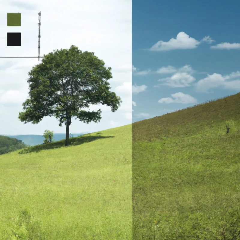 An image showing a serene landscape, divided by subtle overlaying grid lines into thirds, with a tree prominently positioned at a third intersection point, exemplifying the rule of thirds in photography