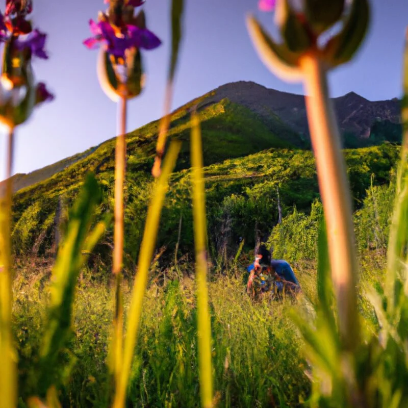 An image showing a photographer crouching in a lush field, capturing a vibrant, detailed wildflower foreground with a majestic mountain range softly focused in the distance during golden hour