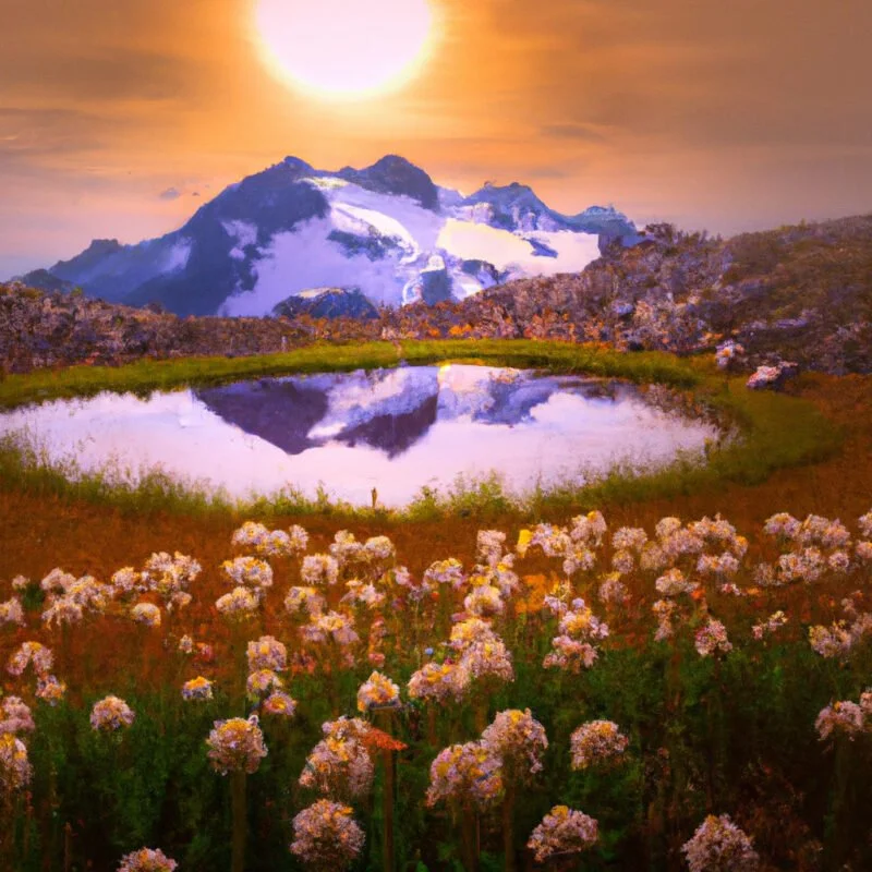 E an image of a sunrise cresting over a rugged, snow-capped mountain range with alpine lakes and wildflowers in the foreground, reflecting the golden light