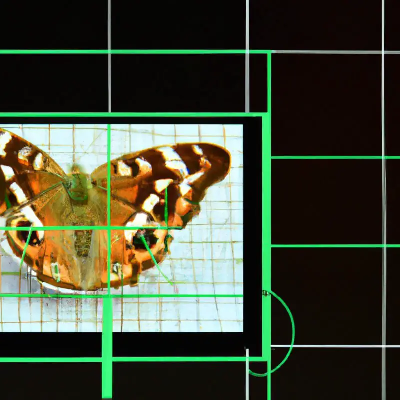 A close-up image of a photographer's screen displaying a butterfly photo mid-edit, with grid lines visible, illustrating the process of careful cropping to enhance the subject's prominence