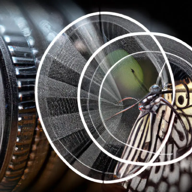 An image showing a camera lens focusing on a detailed butterfly wing, with a transition from blurry to sharp, symbolizing lens correction and enhanced macro photo clarity