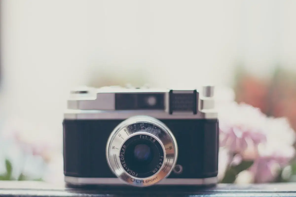 An image of a camera on a tripod capturing multiple close-up shots of a vivid flower, with translucent overlay slices indicating different focus planes merging into a single, sharp composite image