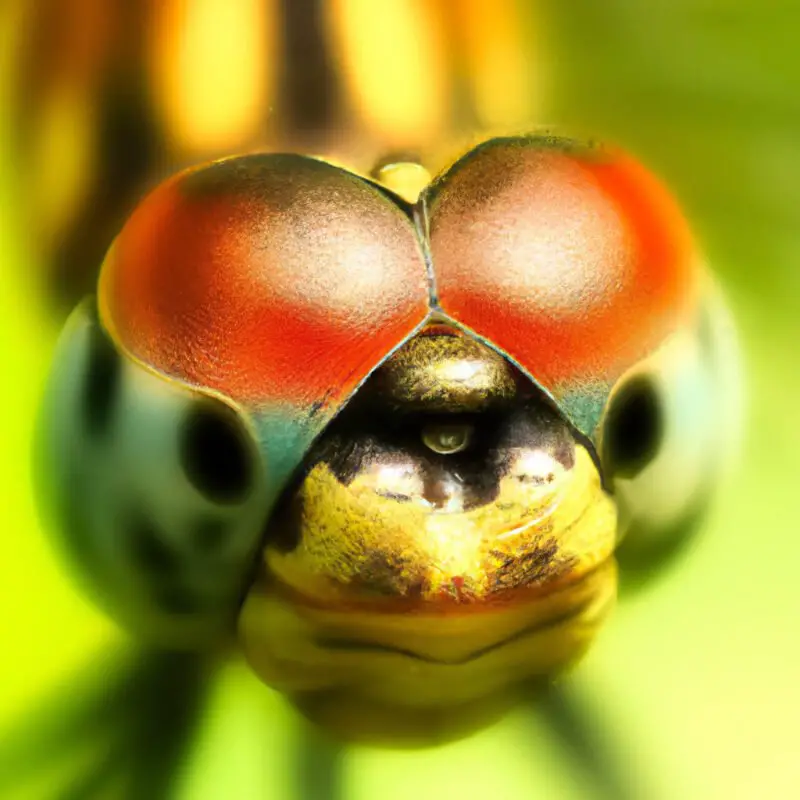 An image of a vivid close-up on a dragonfly's eye, with one side enhanced in micro-contrast showing intricate details in the facets, and the other side unedited, all amidst a blurred green background