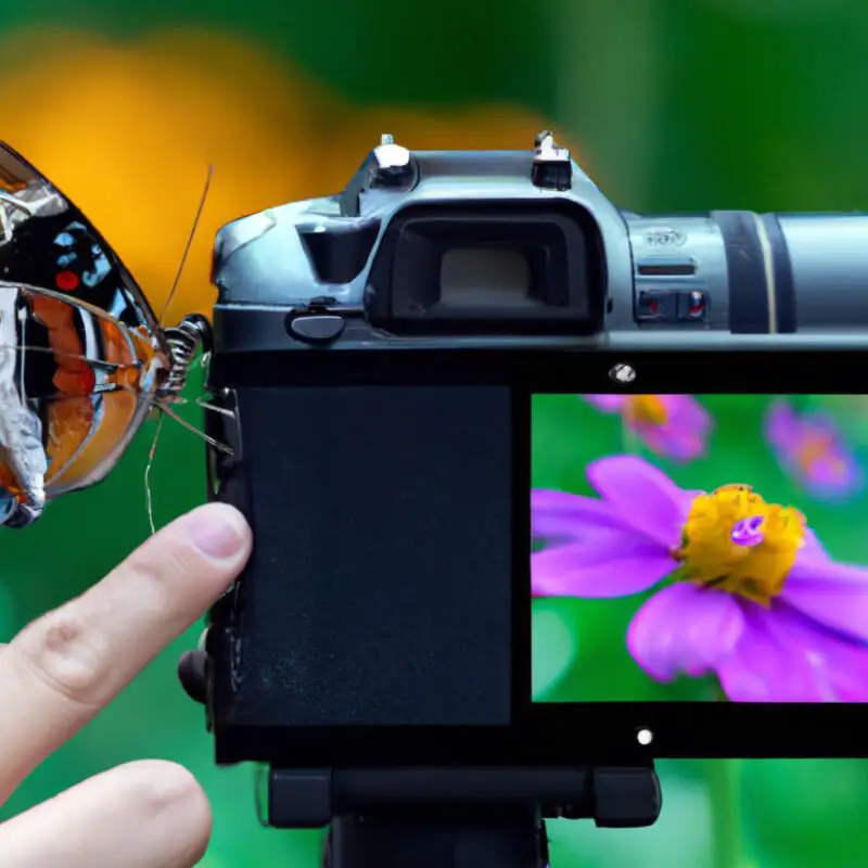 P of a photographer's hand using a software slider tool on a screen to selectively sharpen the details of a vivid, colorful butterfly on a flower, with blurred background