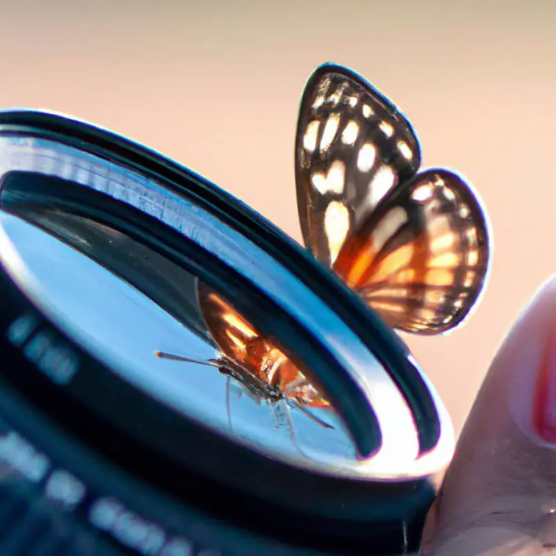 A close-up image of a photographer's hand adjusting a lens with a crystal-clear butterfly wing in the foreground, subtly transitioning to a grainy, noisy background to illustrate noise reduction