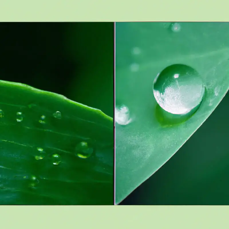 An image of a half-edited macro photo of a dewdrop on a leaf, with one side showing dull colors and blurred details, and the other side displaying vibrant colors and sharp contrast enhancements