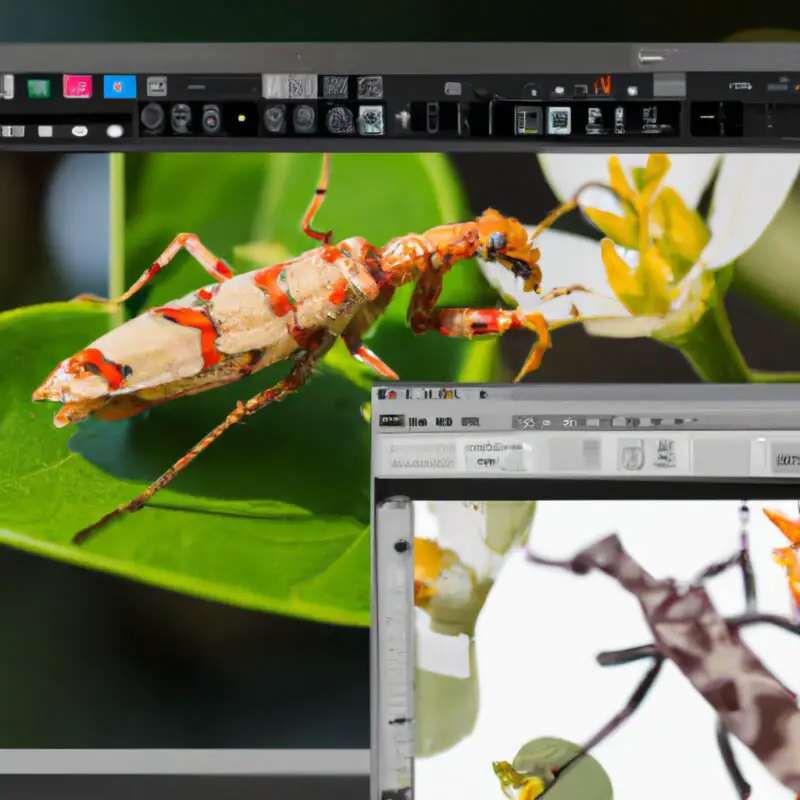 An image of a photographer editing a close-up, vibrant insect photo on a computer, zooming in to adjust the clarity slider, with before and after comparison on the screen