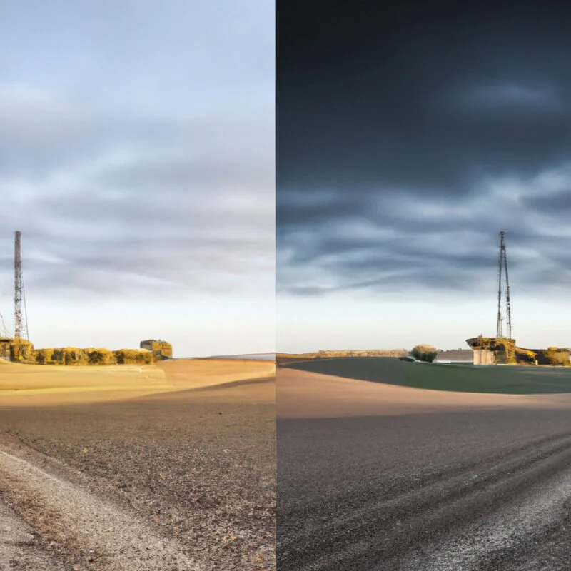 An image showing a before-and-after landscape with dull lighting on one side and vibrant, detailed HDR enhancement on the other, illustrating the dynamic range and clarity achieved through HDR post-processing