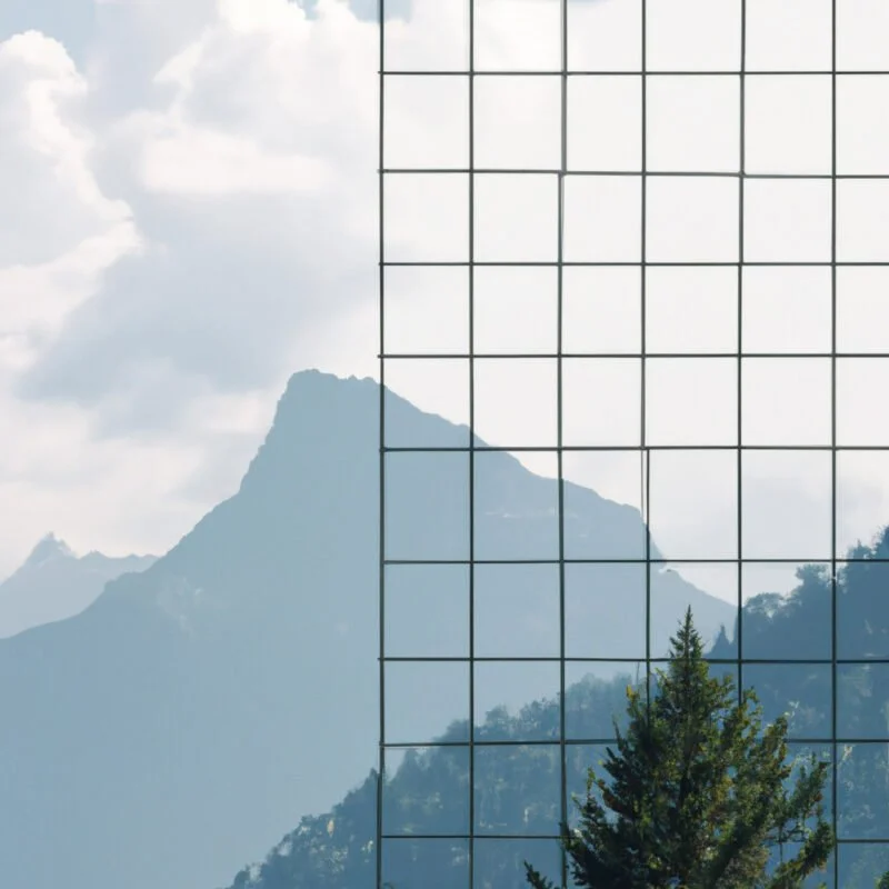 An image showing a grid overlay on a serene landscape, with a mountain peak aligned to the right vertical line and a tree on the left intersection, exemplifying the Rule of Thirds