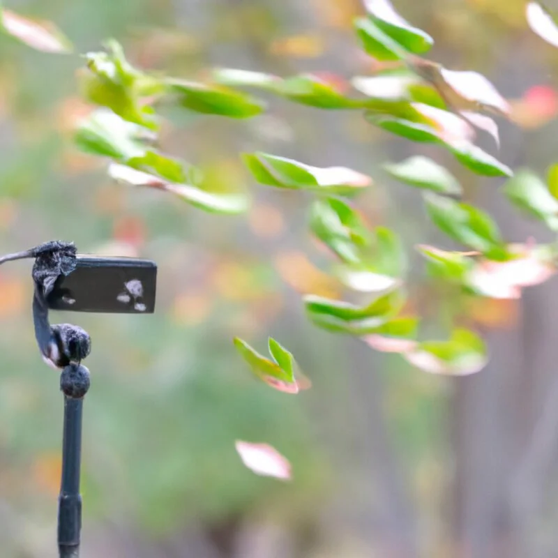 D-stabilized camera capturing a crisp image of leaves swirling mid-air against a blurred, windy backdrop, with a fast shutter speed indicator visible on the camera screen