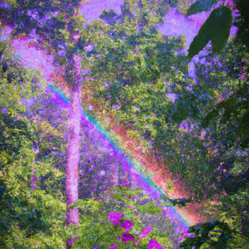 E an image of a vibrant rainbow arching over a glistening, rain-soaked forest with droplets on leaves reflecting the sunlight, showcasing enhanced colors and contrast post-rainfall