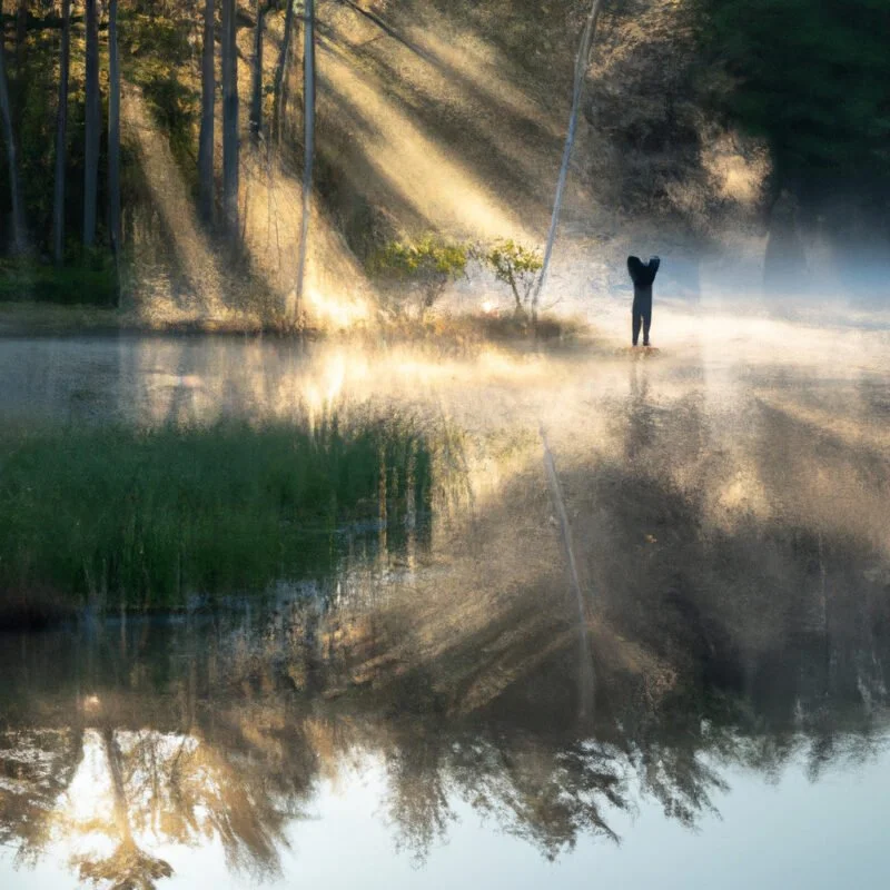 E, early morning landscape with a photographer capturing the ethereal beauty of a mist-covered forest, the sun's rays gently piercing the fog, and a still lake reflecting the hazy scene