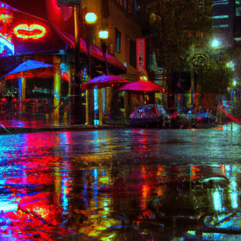 Street during rainfall, with glistening wet surfaces, capturing vibrant reflections of neon signs and street lamps, umbrellas in motion, and raindrops mid-air, at twilight for enhanced color contrast