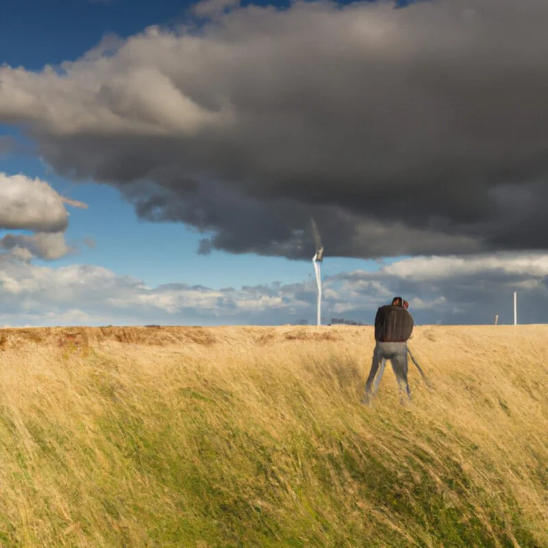 Wept plain with blowing grass, dynamic clouds, a photographer stabilizing a tripod, with wind turbines in the distance under a stormy, yet sunlit sky