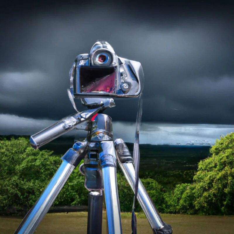 An image of a camera on a tripod, capturing a landscape with half sunlit, half stormy skies, with a light meter and various filters beside it to illustrate exposure balance