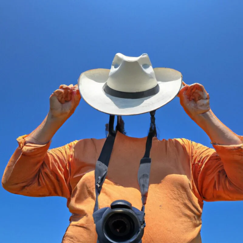 An image of a photographer under a wide-brimmed hat, using a diffuser to soften harsh midday sunlight, with a vivid landscape backdrop featuring a clear blue sky and a vibrant sun overhead