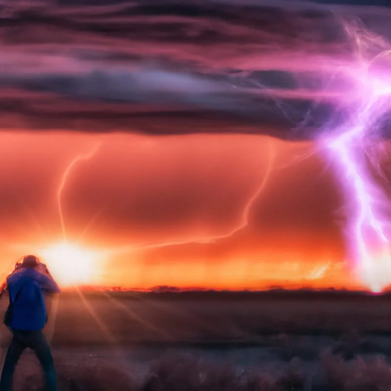  a dynamic storm-chasing scene with a photographer silhouetted against a backdrop of dramatic clouds, intense lightning bolts striking the ground, and the vibrant colors of a sunset sky