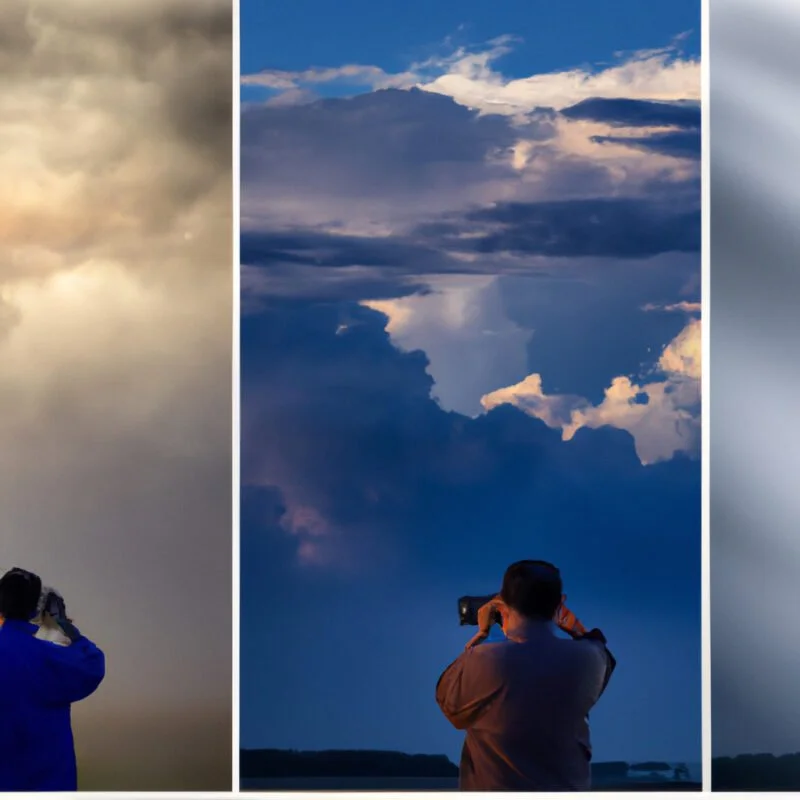 An image collage showcasing a photographer with a camera capturing various weather conditions: golden hour sunlight, storm clouds brewing, misty fog, and a clear blue sky with dynamic sunlight angles