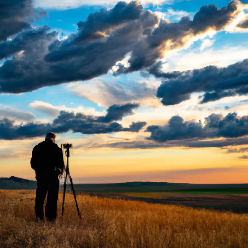 An image of a serene landscape during the golden hour with warm sunlight casting long shadows, highlighting the texture of clouds, and a photographer capturing the moment with a tripod-mounted camera