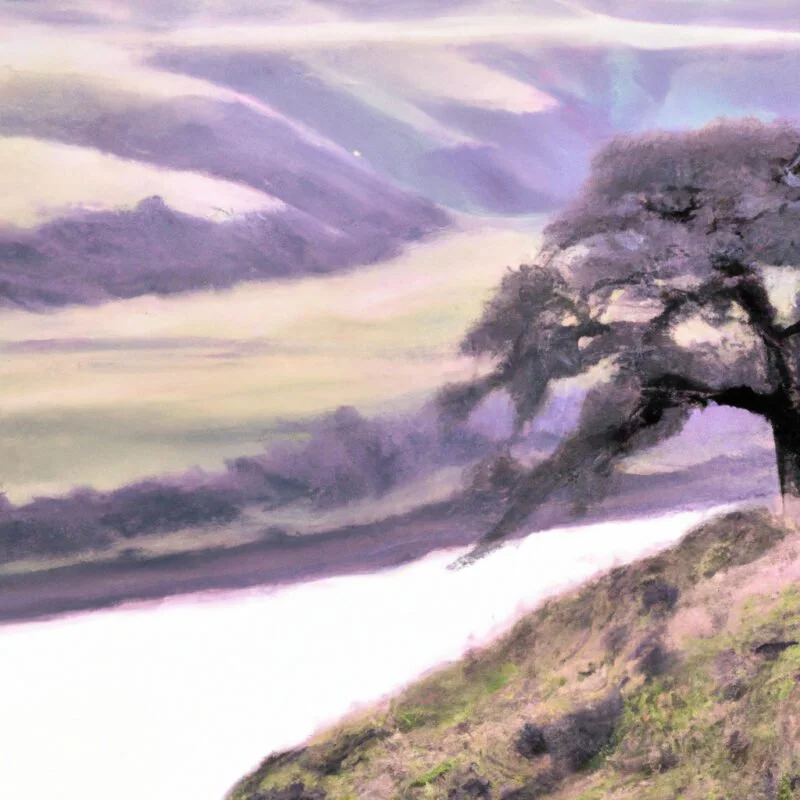 An image of a serene landscape under overcast skies, with soft shadows gently highlighting the contours of rolling hills, a winding river, and a lone tree with intricate branches