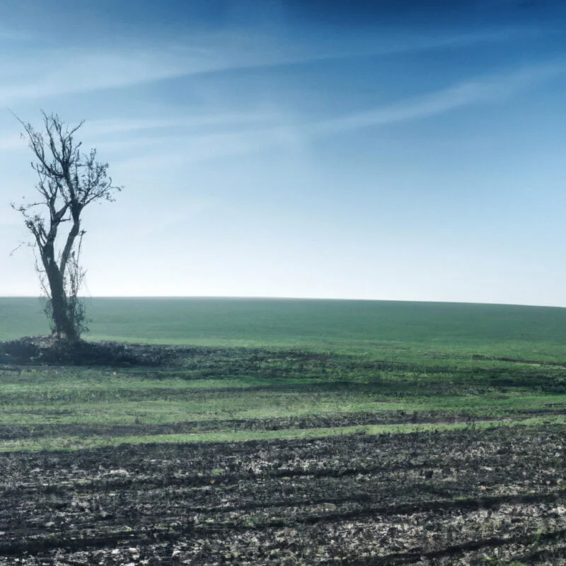 An image showing a serene landscape divided by invisible thirds with the focal point, like a lone tree, aligned at the intersection of the first vertical and horizontal third lines