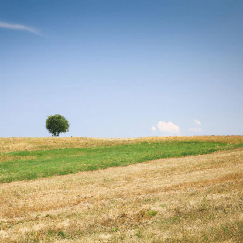 E an image of a serene landscape divided by invisible lines into thirds, with a tree prominently positioned at one intersection, demonstrating the Rule of Thirds in photography composition