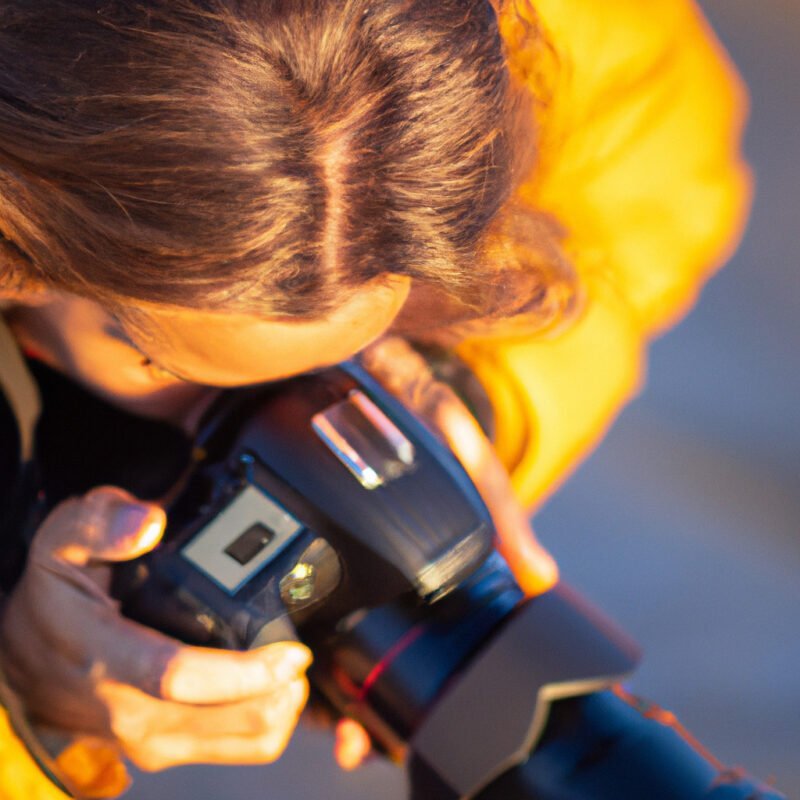 An image of a photographer adjusting a camera angle on a close-up subject, with a soft golden hour light casting warm hues and long shadows, emphasizing optimal natural lighting conditions
