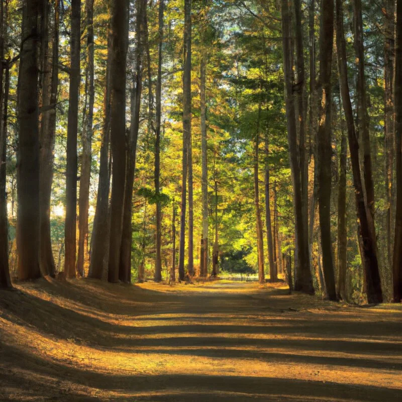 An image of a winding path through a lush forest, converging into the distance, flanked by tall trees, with a golden sunset casting long shadows, emphasizing the leading lines concept in landscape photography