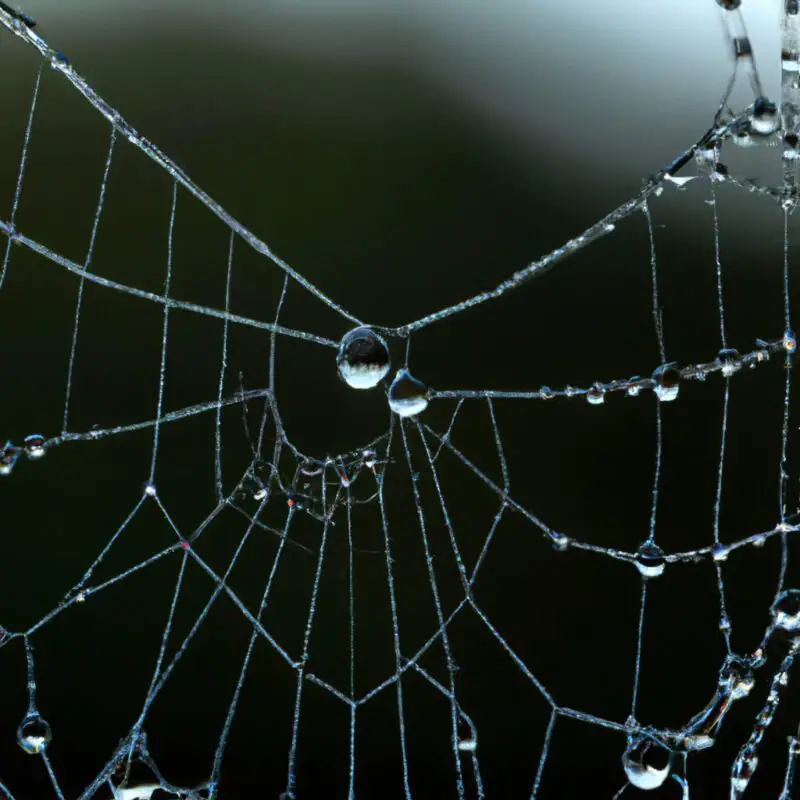 A detailed image of a camera with a macro lens focused on a dew-covered spider web, highlighting the precision of manual focus with a blurred natural background