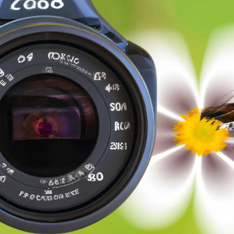 An image of a camera with a prominently displayed shutter speed dial, set against a blurred macro photography background with vibrant flowers and insects, emphasizing the essence of shutter speed in close-up photography