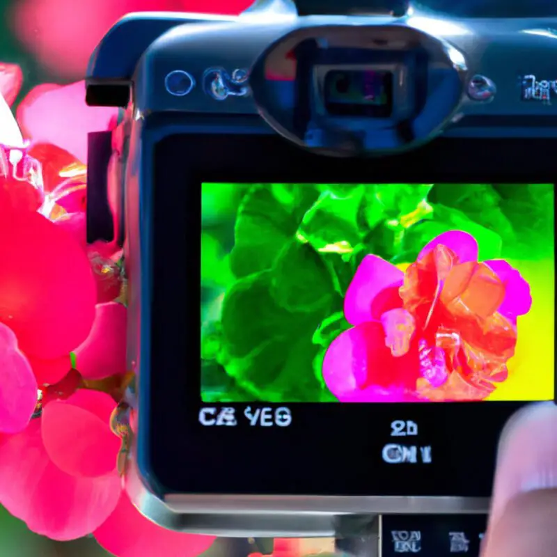 An image depicting a photographer adjusting the white balance on a camera screen with a vivid close-up shot of a colorful flower in the background, emphasizing clarity and color accuracy