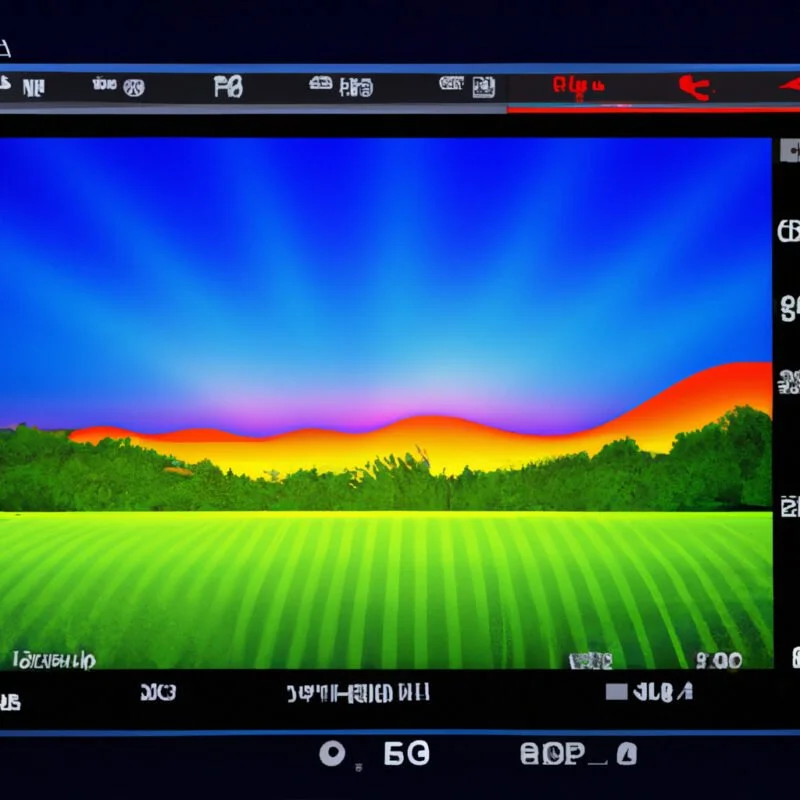 A digital illustration showing a camera's LCD screen with a detailed histogram display, superimposed on a vibrant landscape scene with varied lighting, from dark shadows to bright highlights
