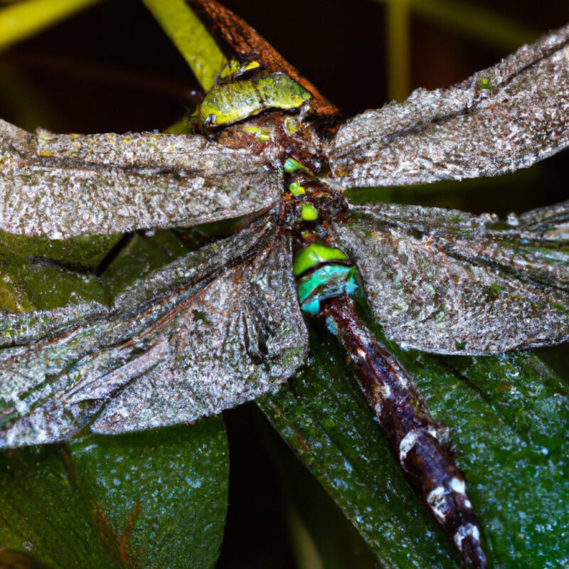 A detailed close-up image of a vibrant, iridescent dragonfly perched delicately on a dew-covered leaf, with its intricate wings glistening, showcasing the exquisite patterns and textures of nature's tiny marvels