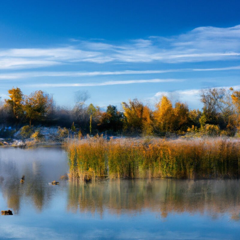 the essence of changing seasons, showcasing a landscape transitioning from autumn foliage to a frost-kissed winter scene, with migrating birds and soft sunlight piercing through early morning mist