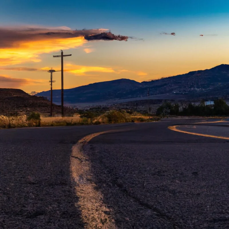 A serene landscape with a leading line on the left third, a majestic mountain on the right third, and a sunset at the top third intersection, embodying the Rule of Thirds