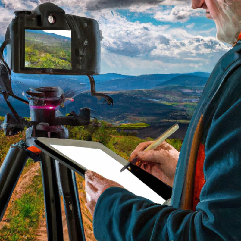 A digital image of a photographer with a camera on a tripod, overlooking a scenic landscape, while holding a tablet displaying a 3D map with topographic lines and marked waypoints