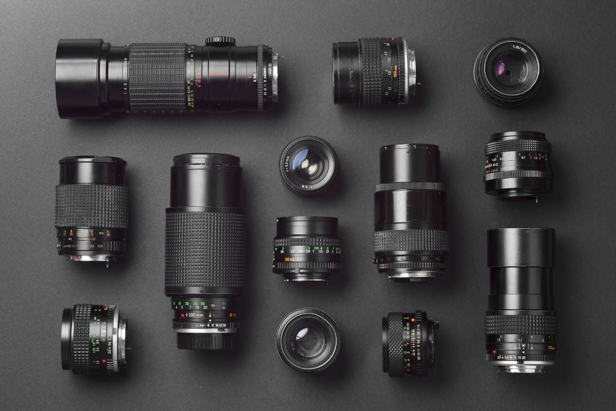 Camera lenses laid flat on a surface