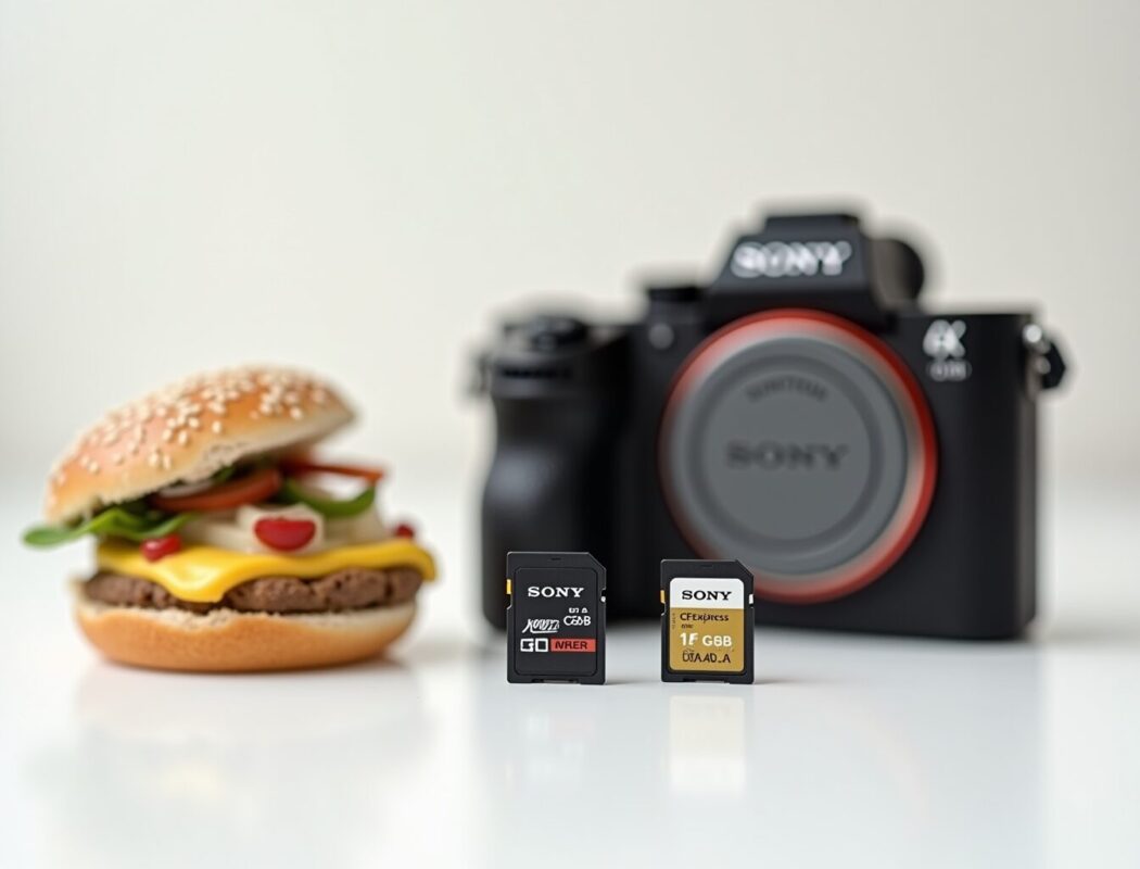 Sony CFexpress Type A and SD cards beside camera