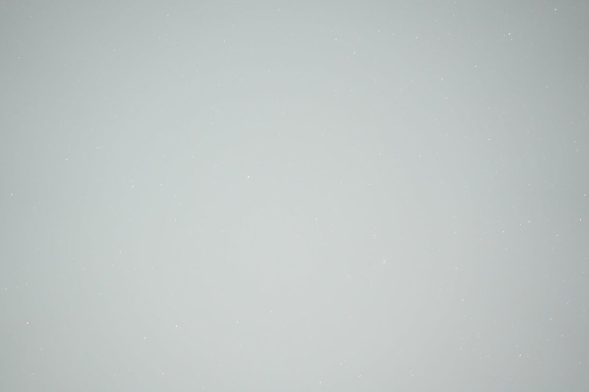 Nearly featureless light grey overcast sky with sparse small white specks suggesting falling snow or sensor dust; no discernible subject