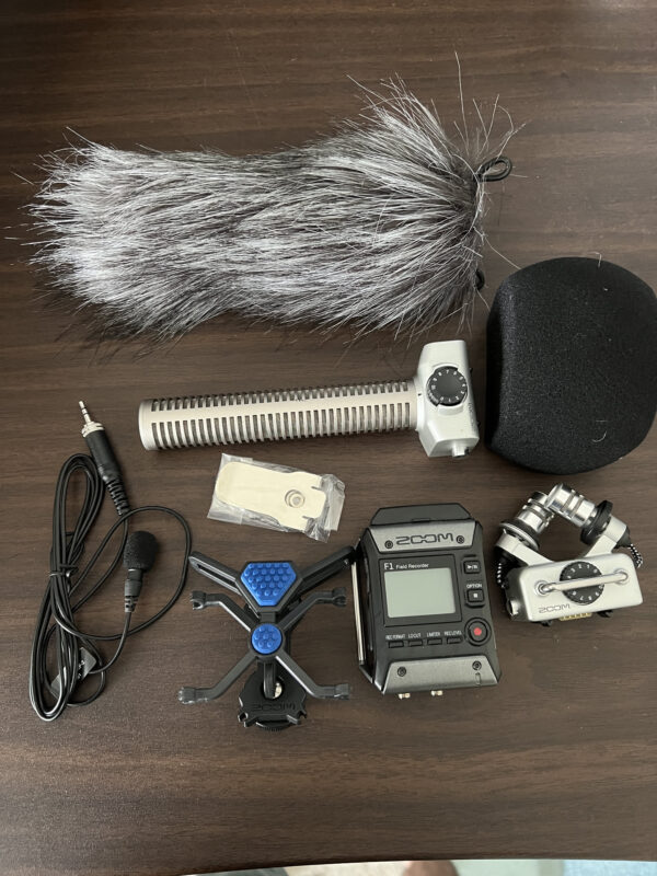 Zoom F1 field recorder kit with shotgun mic, XY capsule, lav mic and windscreens
