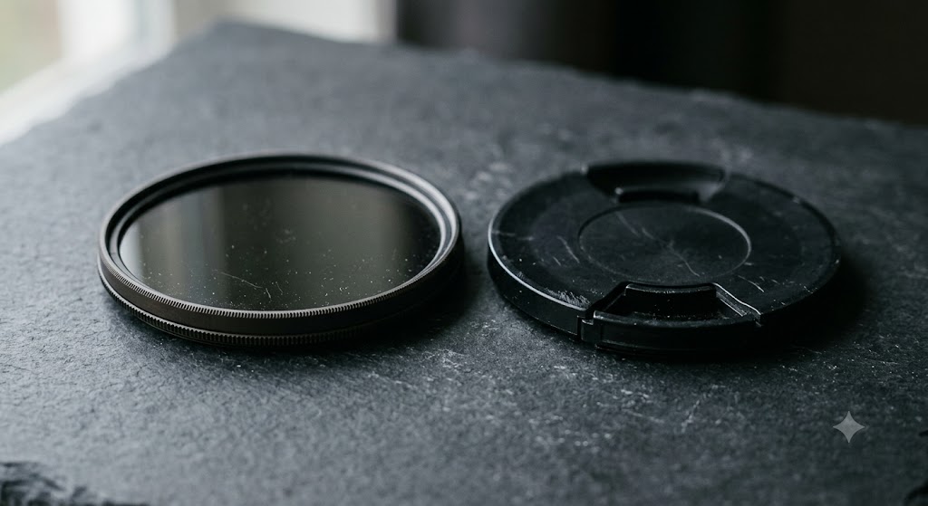 Circular variable neutral density filter beside a lens cap on a dark slate surface