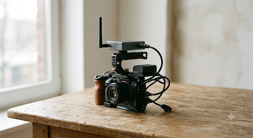 Wireless video transmitter with antenna mounted on a caged mirrorless camera rig
